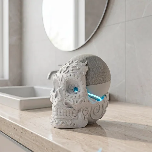 Vista 3 de impremli Base para Alexa Echo Dot 4G y 5G tipo calavera ornamental (blanco granito)