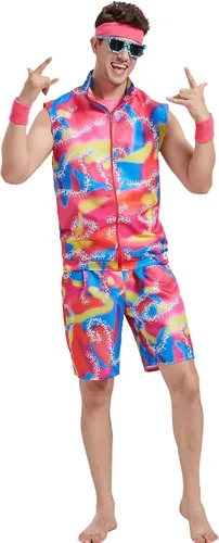 Vista 2 de Disfraz de entrenamiento Ken de los años 80 para hombres y mujeres, ropa de playa, traje de pareja, Halloween y cosplay