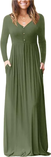 Vista 16 de GRECERELLE Vestido de manga larga con cuello en V para mujer, estilo casual, con botones, maxi, 2025, con bolsillos 01 Negro