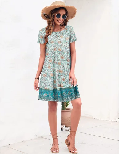 Vista 4 de Sherosa - Vestido de verano sin mangas o con manga corta, estampado floral, con bolsillos, casual, suelto, con vuelo, vestido estilo camiseta