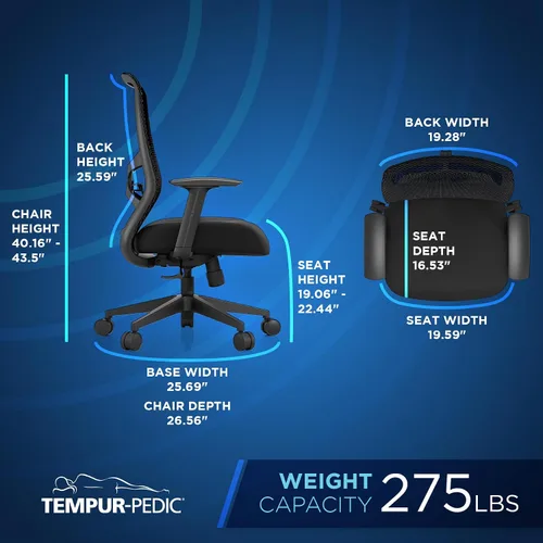 Vista 2 de Tempur-Pedic ProTask - Silla de oficina ejecutiva con respaldo de malla y soporte lumbar integrado, silla de escritorio ergonómica de malla Negro