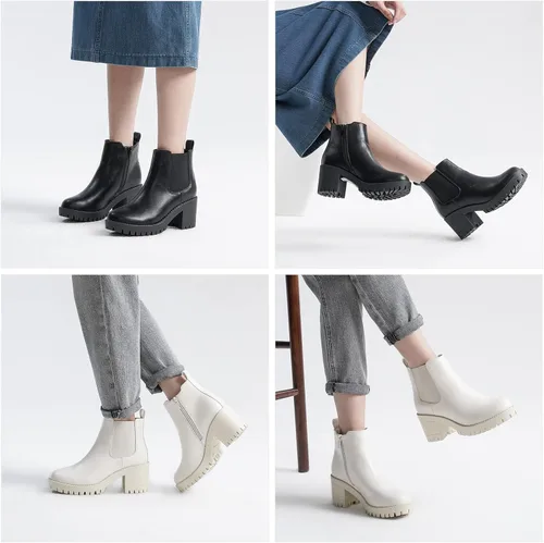 Vista 5 de EETTARO Botas de tobillo de tacón grueso para mujer, suela elástica, botas Chelsea con punta redonda para mujer