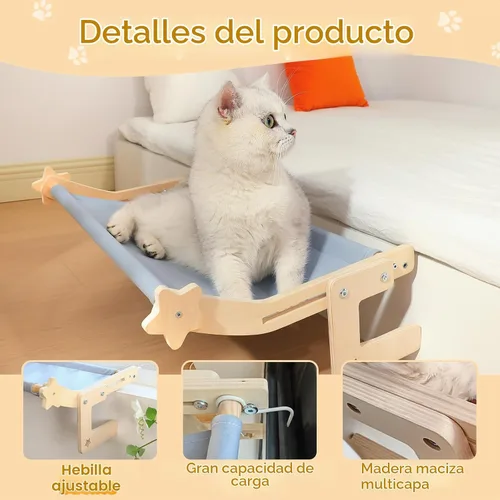 Vista 5 de Percha para ventana de gato para gatos grandes, cama hamaca resistente sin taladro, asiento de marco de madera maciza con ganchos de metal, alféizar