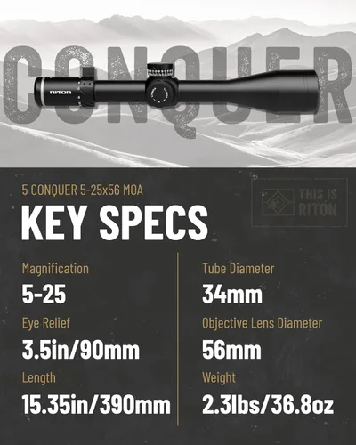 Vista 7 de Riton Optics Series 5 Conquer 5-25x56 MOA Riflescope Primer plano focal HD Retícula iluminada de vidrio con retícula integrada extraíble de dos