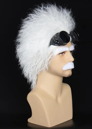 Vista 6 de Miss U Hair Mad Scientist - Juego de peluca y lentes de cejas con bigote, pelo blanco corto y rizado para disfraces de Halloween y cosplay