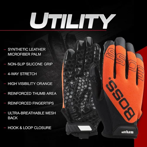 Vista 2 de Boss - Guantes de trabajo de seguridad de microfibra sintética de alta visibilidad con agarre de silicona, parte trasera de malla, agarre