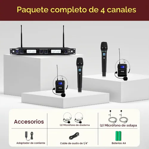 Vista 7 de Pyle Sistema de micrófono inalámbrico UHF de 4 canales con 2 micrófonos de mano, 2 Lavalier 2 auriculares y transmisores de cinturón, rango de 300