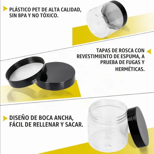 Vista 6 de Paquete de 40 tarros de plástico con tapas negras de 6 onzas, recipientes Negro (black Lids)