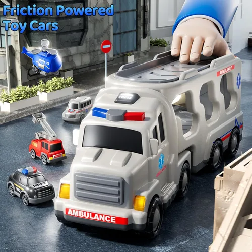 Vista 7 de Juego de Juguetes de Ambulancia para Niños Pequeños de 1-3 y 3-5 años, Juego de Camión Transportador con Coches de Juguete, Luz y Sonido, Juguetes