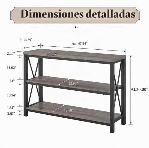 Vista 2 de BON AUGURE Mesa de Sofá Rústica Detrás del Sofá, Mesas Consola Industriales para Entrada, Mesa de Entrada de 3 Niveles con Estantes de Madera