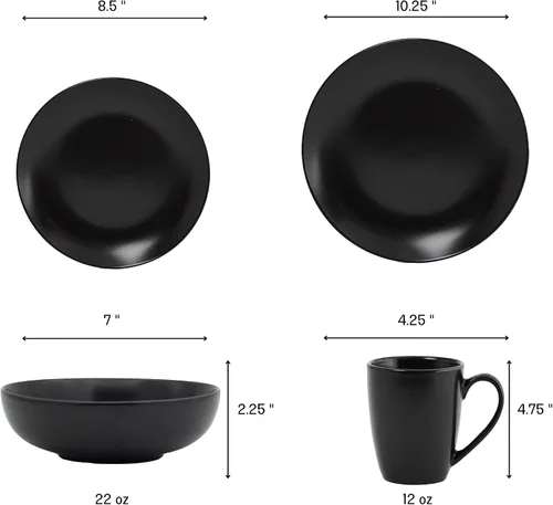 Vista 8 de Euro Ceramica Euro Essential Collection - Juego de vajilla de 16 piezas, servicio para 4, color negro mate sólido