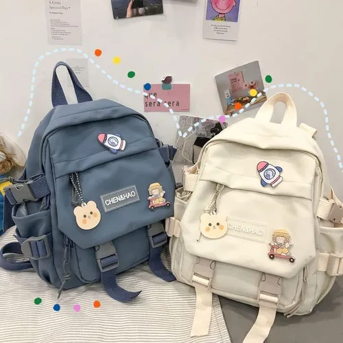 Vista 3 de Mini mochila kawaii con bonitos accesorios de alfiler, colgante de felpa, mochila escolar kawaii linda mini estética, Azul 3, Mochilas tipo mochila