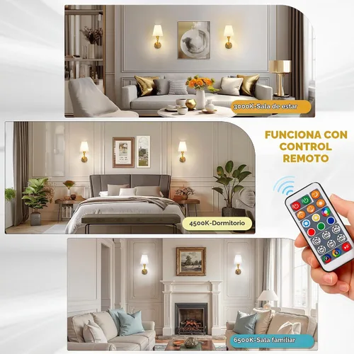 Vista 5 de Aplique de pared a pilas: juego de 2 lámparas de pared inalámbricas Oro