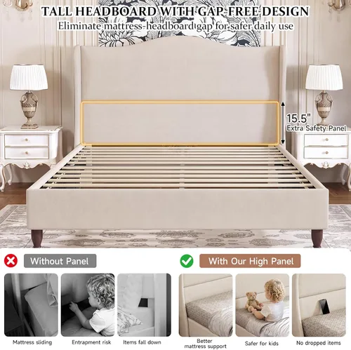 Vista 8 de koorlian Marco de Cama Tamaño Completo Cama Plataforma Tapizada con Cabecera Alta de 51" Wingback, Tela Suave, Estilo Retro Simple Cama Plataforma