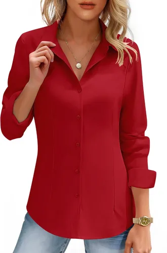Vista 11 de HOTOUCH Camisas de mujer con botones de manga larga, camisa de vestir ajustada, blusas de trabajo, cuello, elegantes, casuales, de negocios