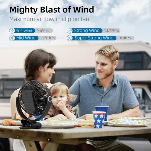 Vista 3 de Ventilador portátil recargable de 10000 mAh, 30 horas, ventilador de clip de 8 pulgadas operado por batería, ventiladores USB, 4 velocidades, fuerte