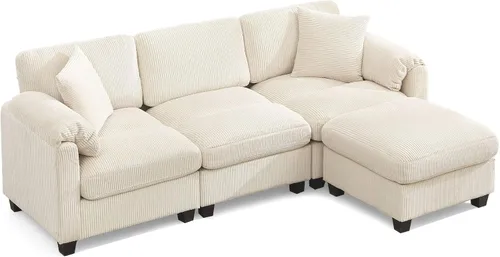 Vista 8 de Sofá modular modular con otomana, sofá de pana de 3 plazas con 2 almohadas, sofá de asiento profundo en forma de L de 88.2 pulgadas con cojín Beige
