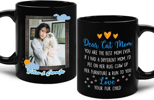 Vista 11 de Taza de cerámica negra personalizada para elegir nombre y foto con texto en inglés "Best Cat Dad Ever Just Ask", taza de café personalizada de 11