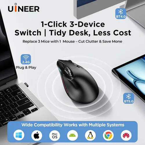 Vista 6 de Uineer Ratón ergonómico inalámbrico, mouse vertical recargable con Bluetooth, 7 LED de color, 4 DPI ajustables, receptor USB-A, alivio de tensión