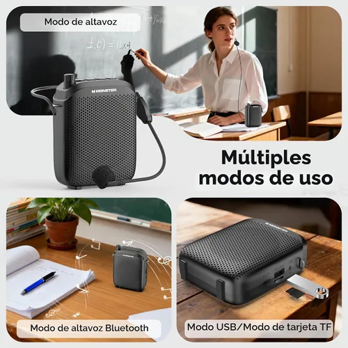 Vista 2 de Monster Amplificador de voz Phonic 20, amplificador de voz portátil de 15 W para profesores, altavoz Bluetooth 6.0 PA con micrófono con cable