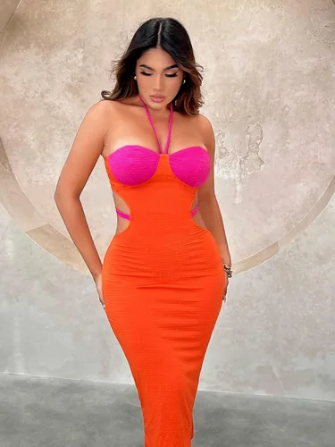 Vista 6 de WDIRARA Vestido midi ajustado de dos tonos para mujer, sin mangas, con dobladillo tipo lápiz, sin espalda, espalda descubierta