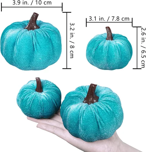 Vista 2 de Winlyn Juego de 16 calabazas de terciopelo sintético surtidas, decorativas, color verde azulado, verde, gris, marfil, calabazas de espuma de tela