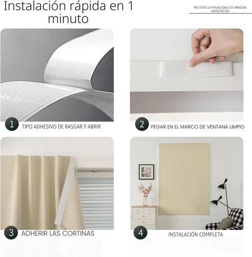 Vista 3 de Cortinas opacas con cinta autoadhesiva, sin barra, sin taladro, cubierta de ventana fácil de instalar para dormitorio, cocina, dormitorio, 34 Beige