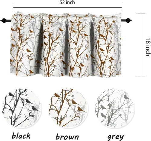Vista 3 de Cenefas de cortina opacas para ventanas de cocina, ramas de árbol, estampado de pájaros, cenefas cortas para ventana de dormitorio, sala de estar