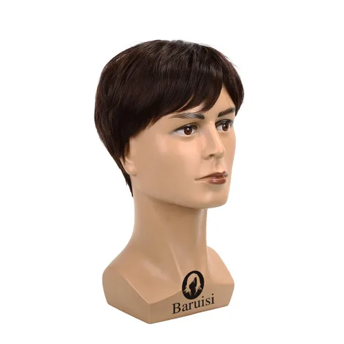 Vista 3 de Peluca corta marrón para hombre, cabello natural, repuesto sintético, disfraz de Halloween, pelucas completas Marrón oscuro