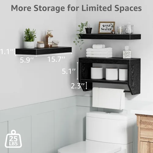 Vista 3 de Estantes flotantes de baño QEEIG para pared - Estante sobre inodoro para almacenamiento de papel higiénico estilo granja 40.6 cm, juego de 3, negro