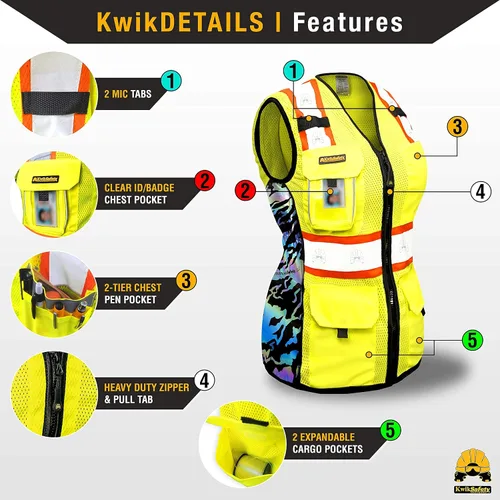 Vista 3 de KwikSafety TIGER QUEEN - Chaleco de seguridad para mujer [amarillo, L] + paquete de casco duro de ala completa TORTOISE