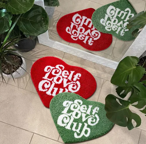 Vista 3 de Alfombra de baño verde bonita y divertida para dormitorio, baño, SELF Love Club de felpa moderna y genial decoración de San Valentín, regalo