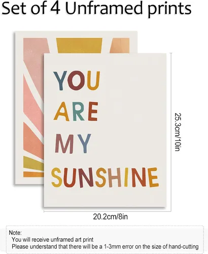 Vista 6 de Juego de 4 impresiones de pared boho Rainbow Nursery - You Are My Sunshine, decoración de habitación infantil