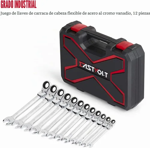Vista 7 de Eastvolt EVHT1201 - Juego de 12 piezas de llaves de trinquete de cabeza flexible, 8-19 mm métricas, kits de llaves de combinación de acero al cromo