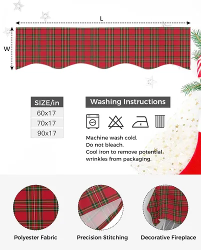 Vista 4 de Bufanda de Navidad a cuadros para chimenea, cubierta de bufanda para chimenea, estante superior, bufanda de corredor, rojo y verde, para invierno