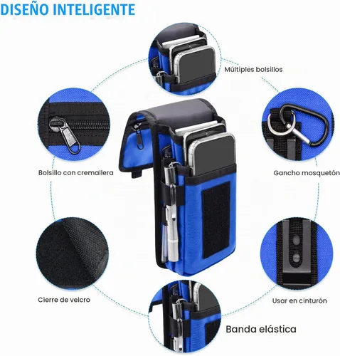 Vista 4 de Funda doble para teléfono, bolsa grande para teléfono inteligente, soporte para teléfono celular con cinturón para iPhone 16/15/14 Pro Max y Azul