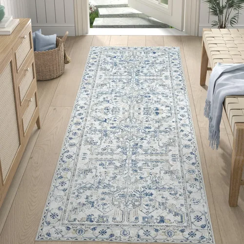 Vista 89 de jinchan Lima - Alfombra simétrica floral geométrica lavable, alfombra de entrada de medio círculo de 2 x 3, alfombra de media luna, suave y Azul