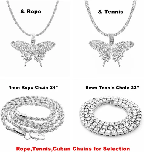 Vista 2 de HH BLING EMPIRE Collar de mariposa de diamantes de plata y oro para hombres y mujeres, colgante de mariposa grande de hip hop con cuerdateniscadenas