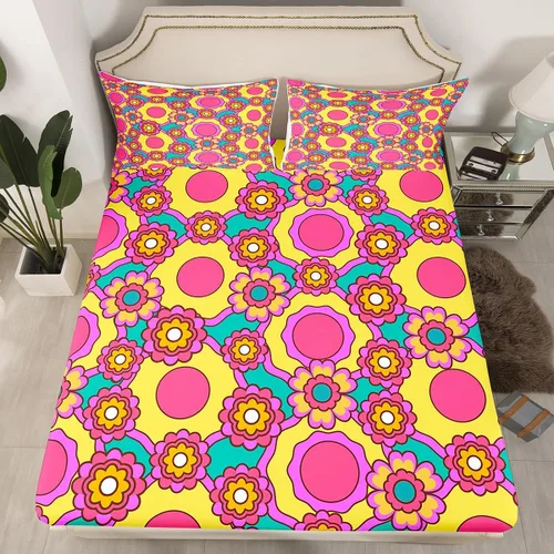 Vista 7 de Juego de ropa de cama con diseño floral bohemio, tamaño individual, diseño retro de flores groovy, 60S y 70S, diseño de flores hippie para niños