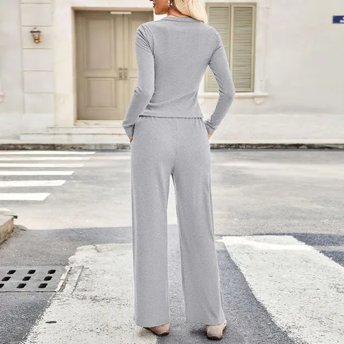 Vista 6 de Conjunto de 2 piezas para mujer, conjunto de descanso de otoño e invierno, con botones, manga larga, ajuste delgado, pantalones de pierna ancha