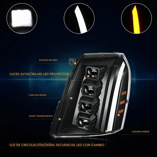 Vista 3 de PM PERFORMOTOR Switchback - Conjunto de faros delanteros LED con proyector cuadrado cuádruple Carcasa negra/esquina ámbar