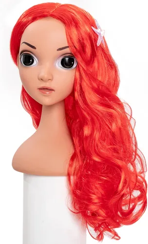 Vista 4 de Funna Peluca de sirena para disfraz de princesa con horquilla de estrella de mar para Halloween, cosplay, color rojo