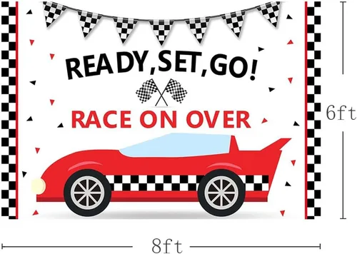 Vista 3 de MEHOFOND Telón de fondo de fiesta de cumpleaños de coche de carreras, accesorios para niños, enciende tus motores, carreras sobre negro y rojo