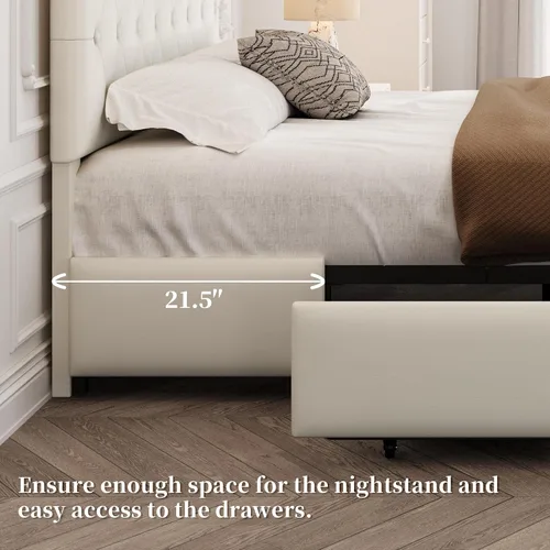 Vista 6 de Yaheetech Base de cama Queen tapizada con cabecera ajustable con botones de diamante, 3 cajones de almacenamiento, cama de plataforma queen/listones