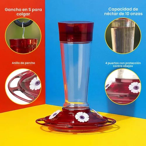 Vista 3 de More Birds Bird Health+ - Comedero para colibríes rubí, comedero de vidrio para colibríes para exteriores, 4 estaciones de alimentación, 10 onzas