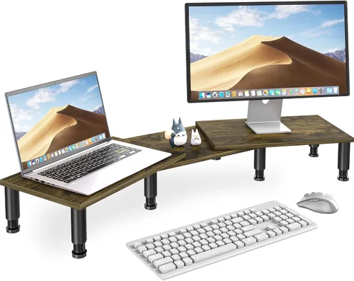 Vista 10 de AX WABER Soporte elevador de monitor doble, soporte para monitor con patas de acero de altura ajustable, soporte de monitor de madera