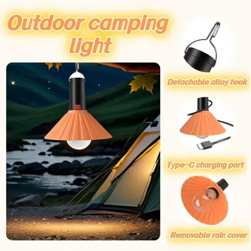 Vista 7 de Luz LED recargable para campamento, 3000 K blanco cálido, 3 modos de brillo, IPX6 impermeable, carga USB-C, gancho desmontable, luz portátil