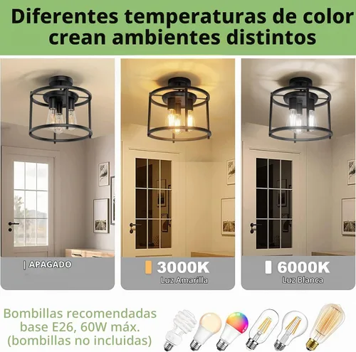 Vista 2 de Lámpara de techo semiempotrada de granja, lámpara de techo industrial negra para cocina, estilo rústico, vintage, montaje en techo, 3 luces, lámpara
