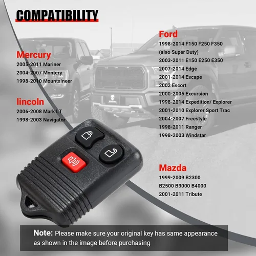 Vista 7 de 2 paquetes de 3 botones llavero de repuesto de entrada sin llave remota compatible con Ford F150 F250 F350 Escape Expedition Explorer Ranger Mazda