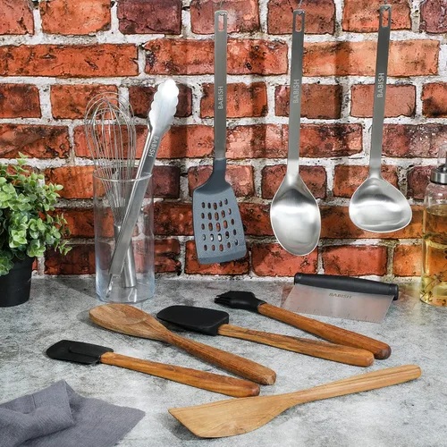 Vista 3 de Babish Juego de herramientas esenciales de madera de teca, silicona y acero inoxidable de 11 piezas